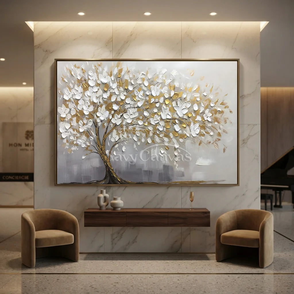 3D Blossom Tree Painting, Handmade White Gold Canvas Artwork  #TC 069