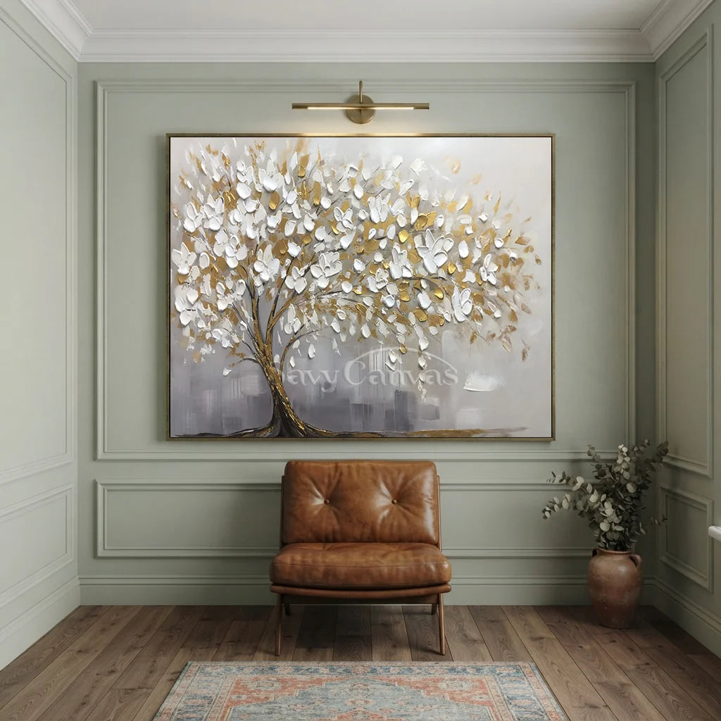 3D Blossom Tree Painting, Handmade White Gold Canvas Artwork  #TC 069