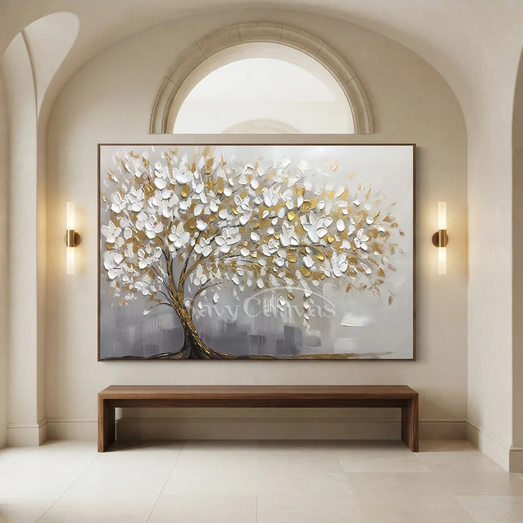3D Blossom Tree Painting, Handmade White Gold Canvas Artwork  #TC 069