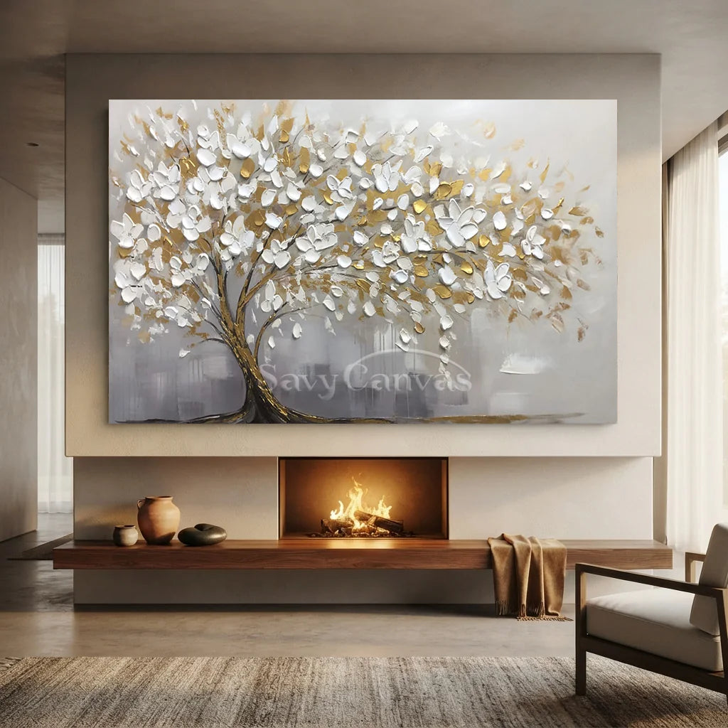 3D Blossom Tree Painting, Handmade White Gold Canvas Artwork  #TC 069