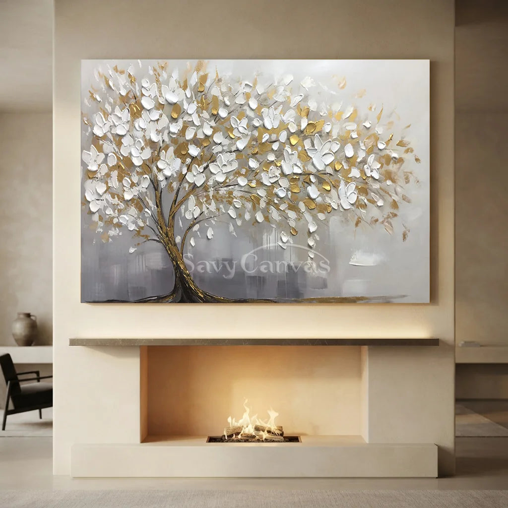 3D Blossom Tree Painting, Handmade White Gold Canvas Artwork  #TC 069