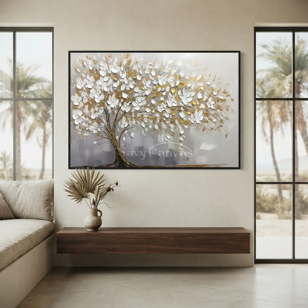 3D Blossom Tree Painting, Handmade White Gold Canvas Artwork  #TC 069