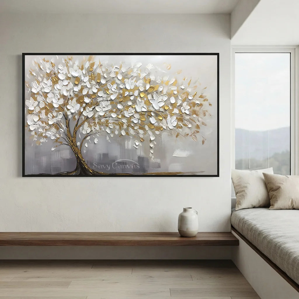 3D Blossom Tree Painting, Handmade White Gold Canvas Artwork  #TC 069