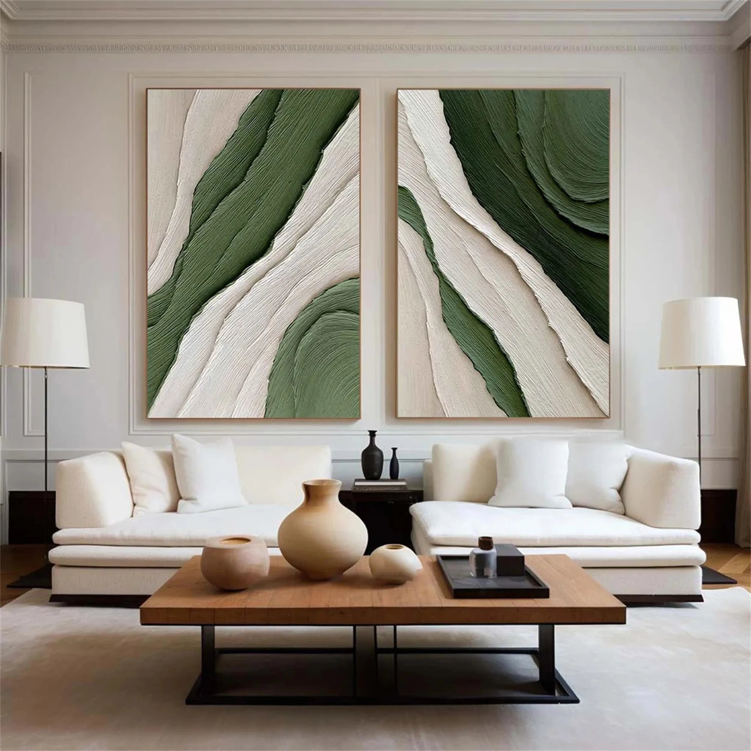 Textured Abstract Wall Art Set | 2 Piece Green White Vertical Canvas