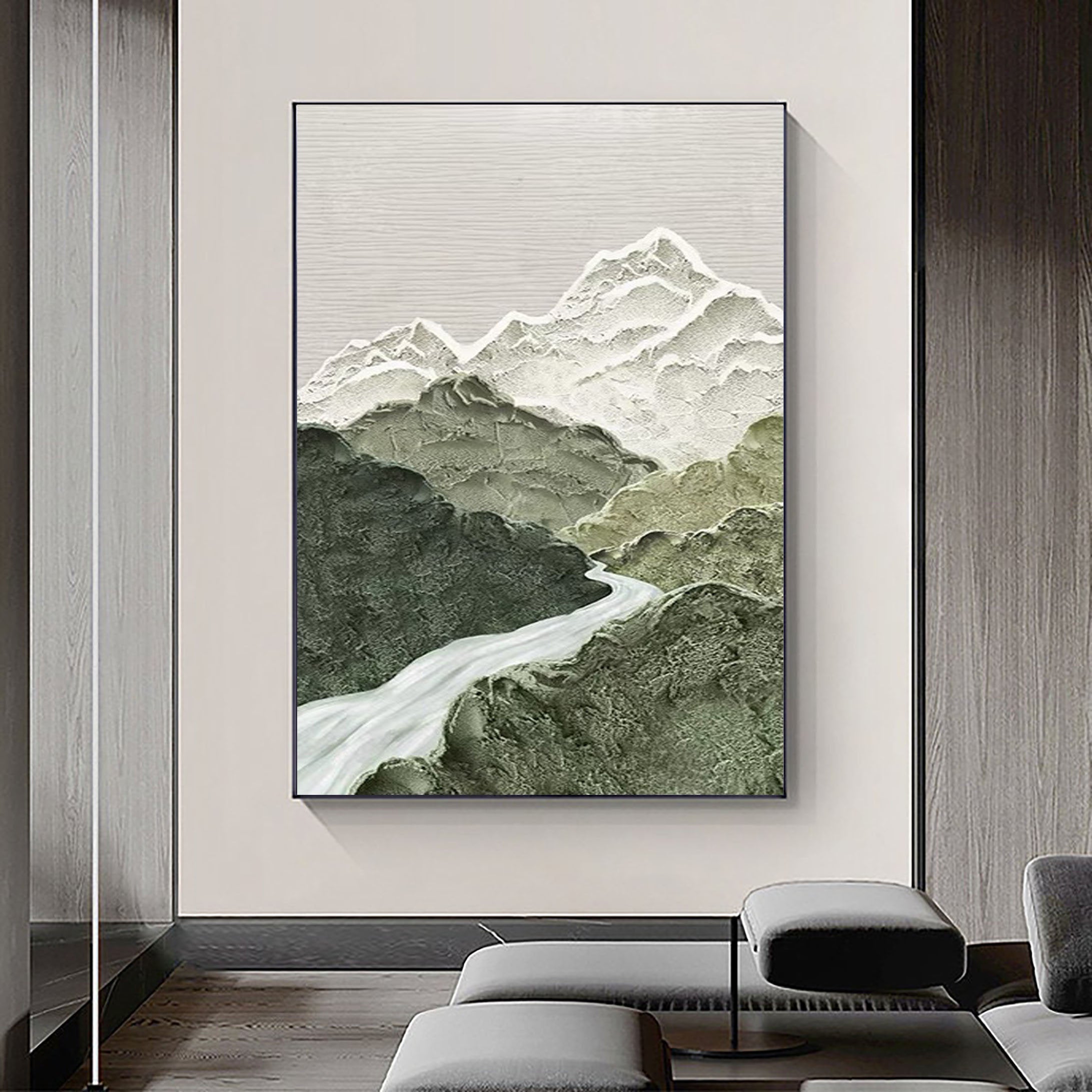 Textured Green Mountain Valley Canvas Art - Hand-Painted Landscape