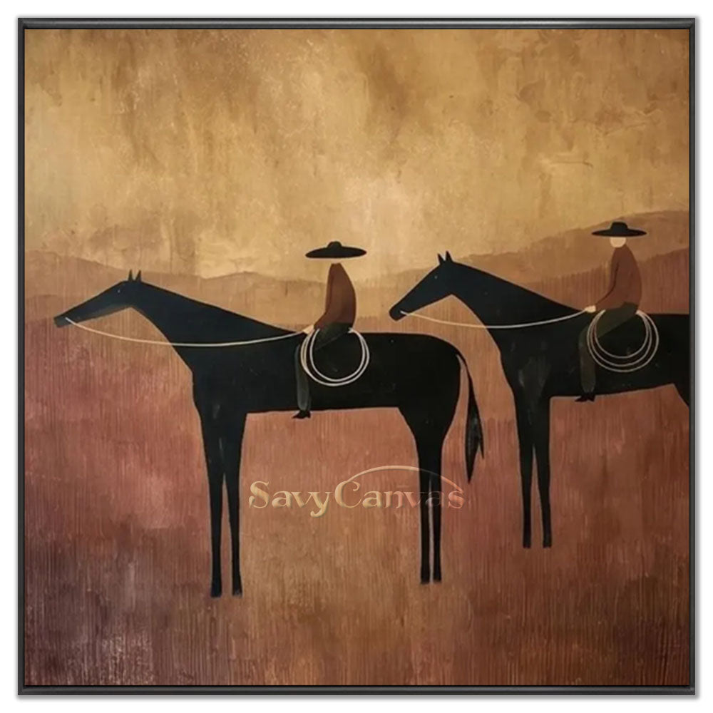 High-quality handmade abstract oil painting depicting two figures in wide-brimmed hats riding black horses through a minimalist brown and terracotta textured desert landscape under an ochre sky.