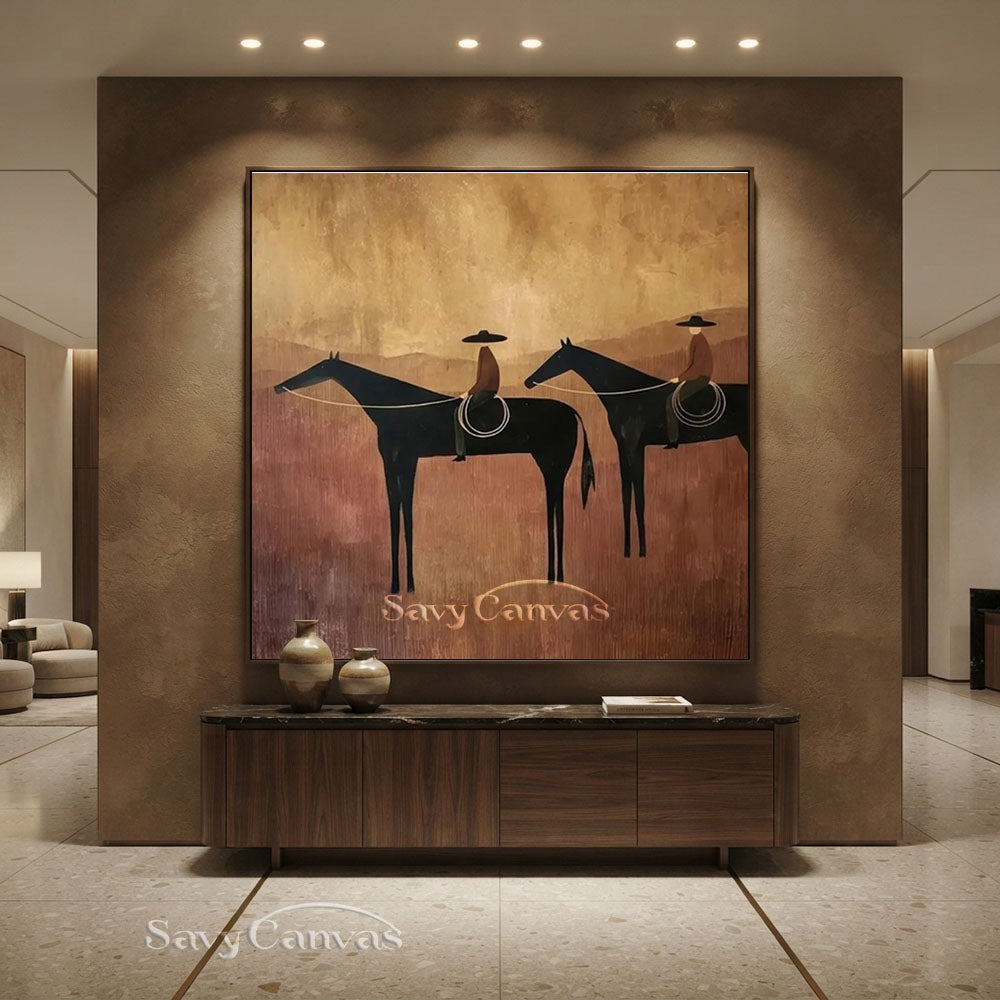 High-quality handmade abstract oil painting depicting two figures in wide-brimmed hats riding black horses through a minimalist brown and terracotta textured desert landscape under an ochre sky.