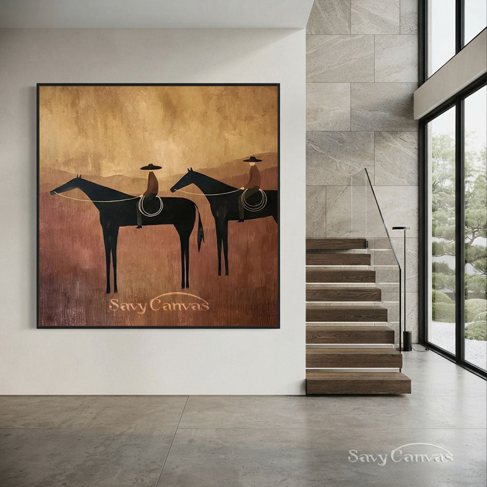 Handmade Abstract Horse Riders Oil Painting Desert Canvas #ZC 002