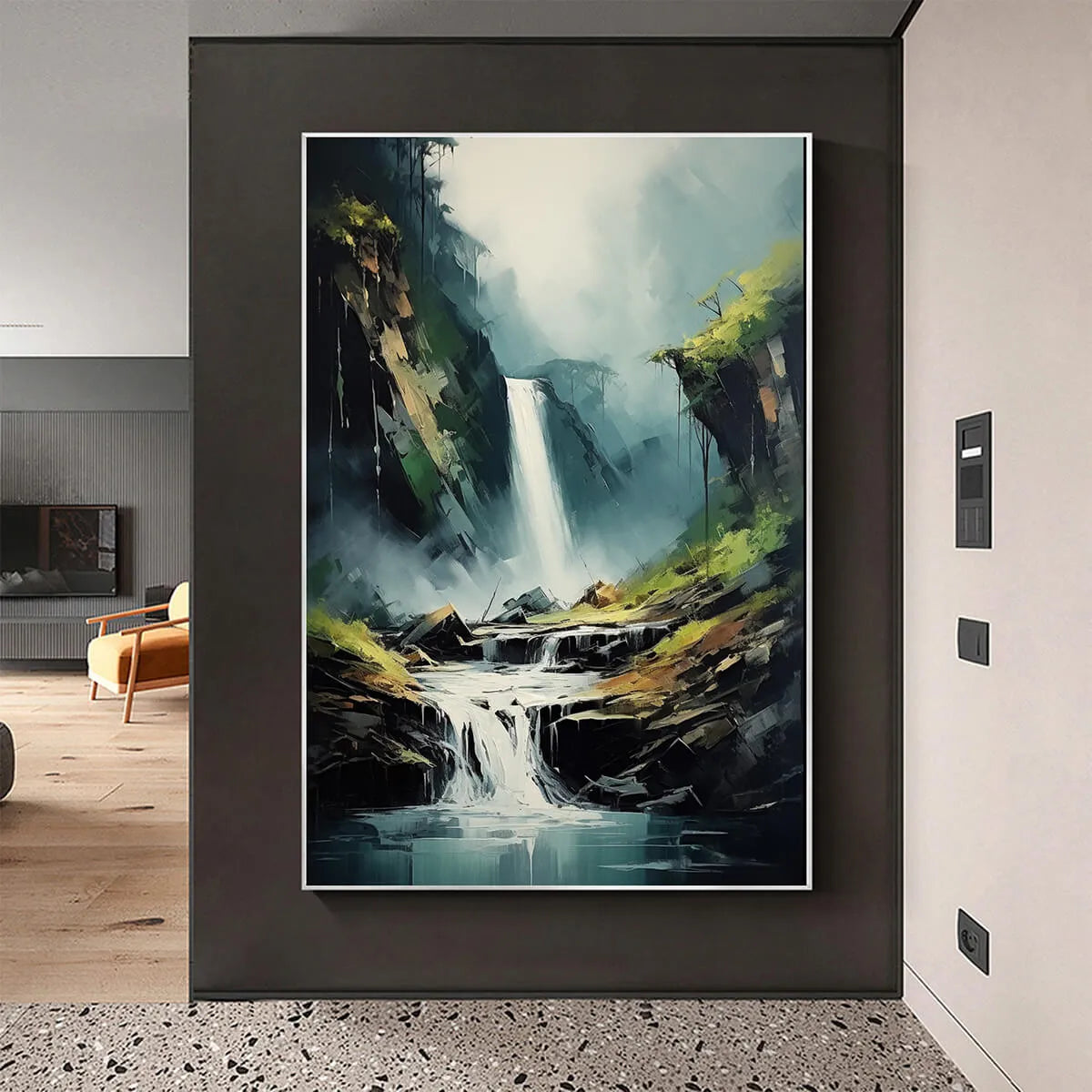 Misty Forest Waterfall Painting | Nature Wall Art