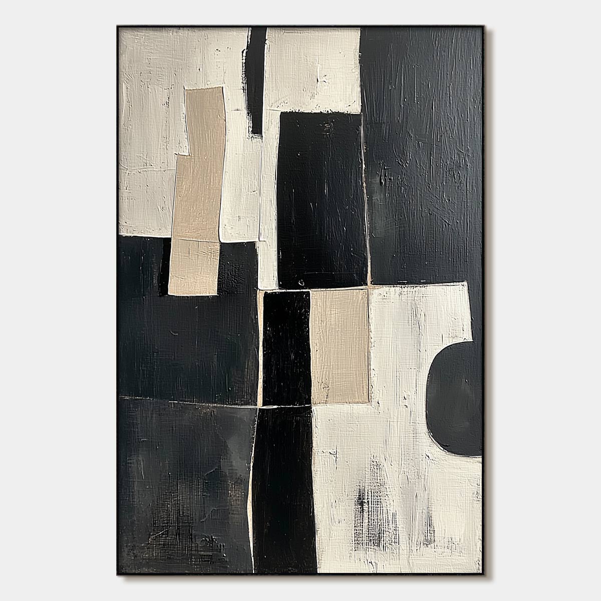 Black, Beige & White Geometric Abstract Art | Vertical Canvas #AA 317
