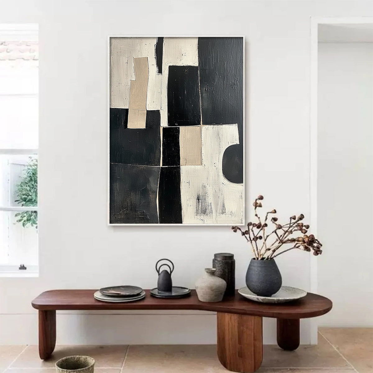 Black, Beige & White Geometric Abstract Art | Vertical Canvas #AA 317