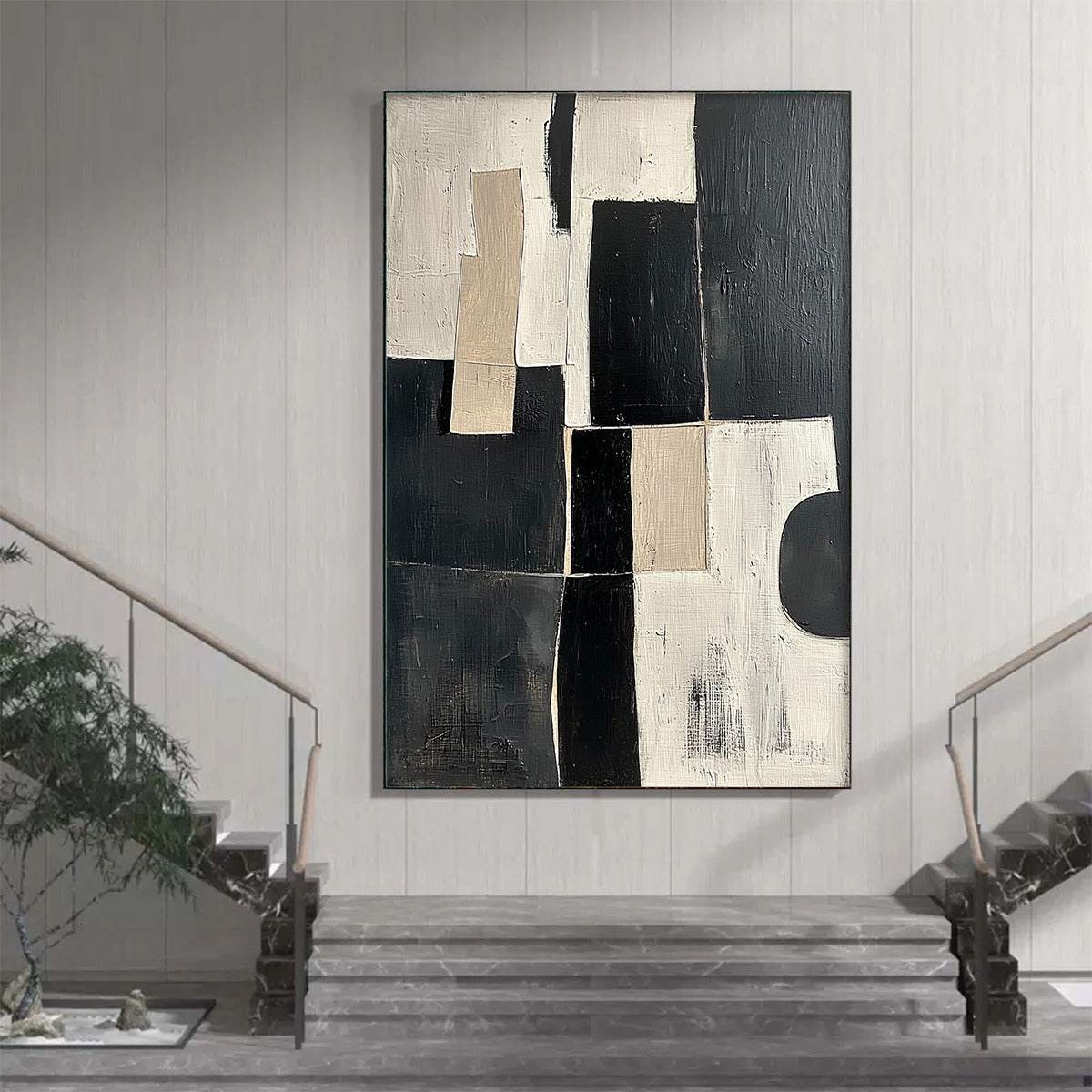 Black, Beige & White Geometric Abstract Art | Vertical Canvas #AA 317