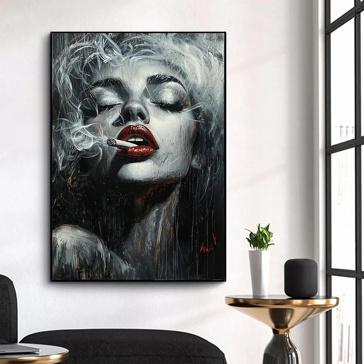 Red Lips Smoking Woman Art | Chic Monochrome Wall Decor