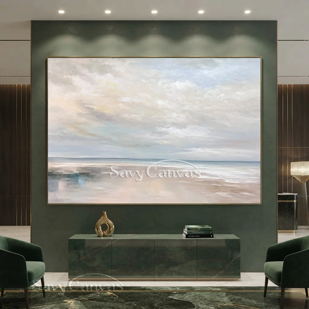Calming Coastal Landscape Wall Art | Abstract Seascape Cloud Painting #ZZ 080