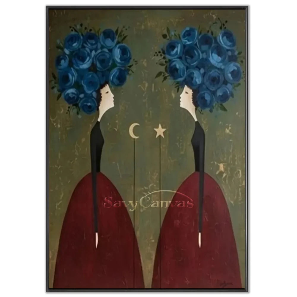 Hand-painted abstract expressionist oil painting featuring two twin figures with blue floral headpieces and celestial moon and star motifs in burgundy gowns against a textured background by Savy Canvas.