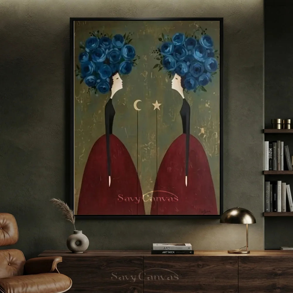 Blue Floral and Burgundy Abstract Figures Art #SS 293