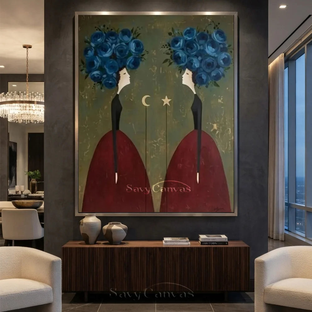 Blue Floral and Burgundy Abstract Figures Art #SS 293