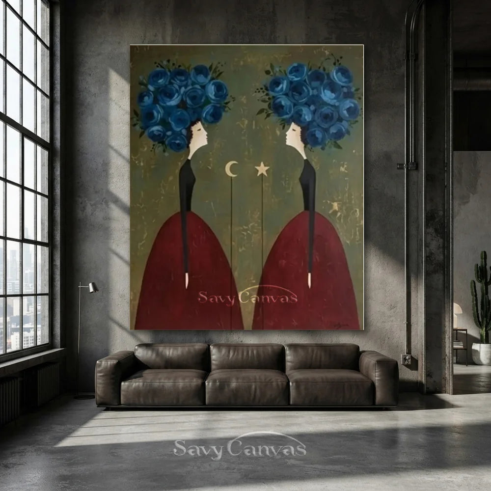 Blue Floral and Burgundy Abstract Figures Art #SS 293