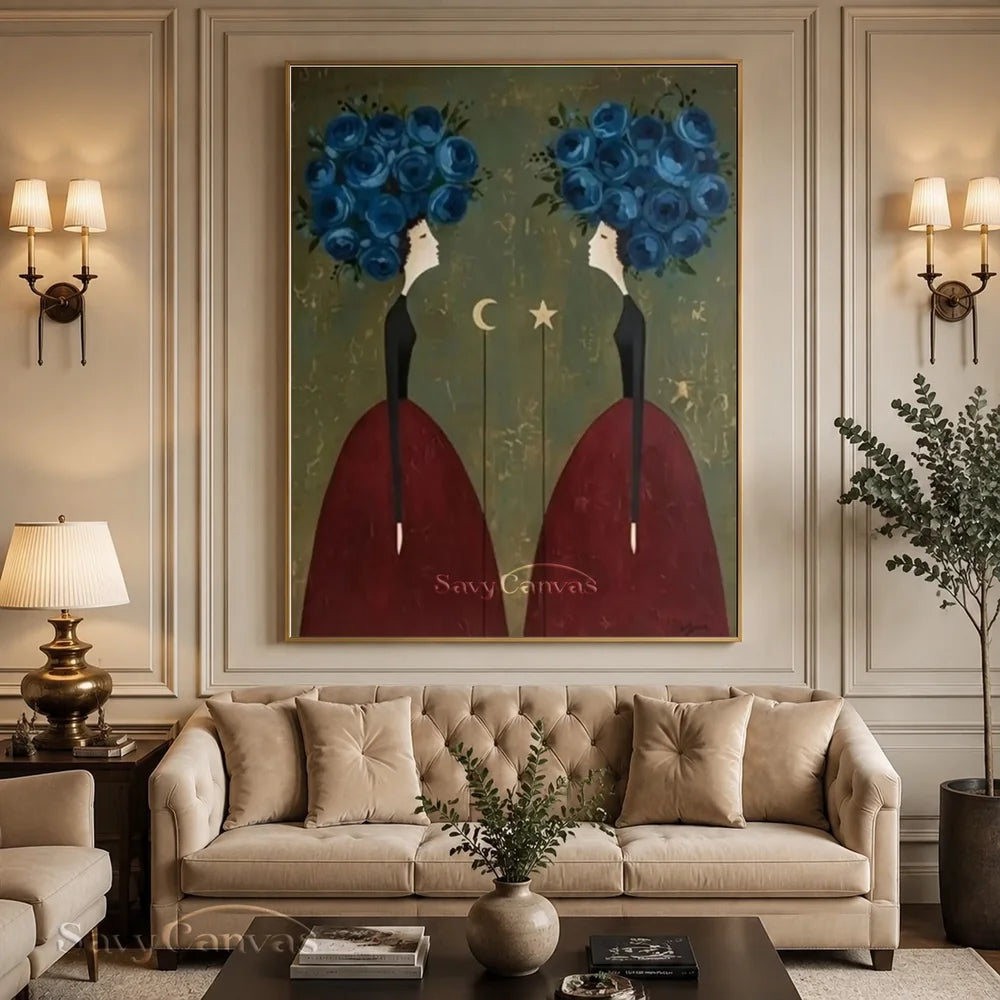 Blue Floral and Burgundy Abstract Figures Art #SS 293