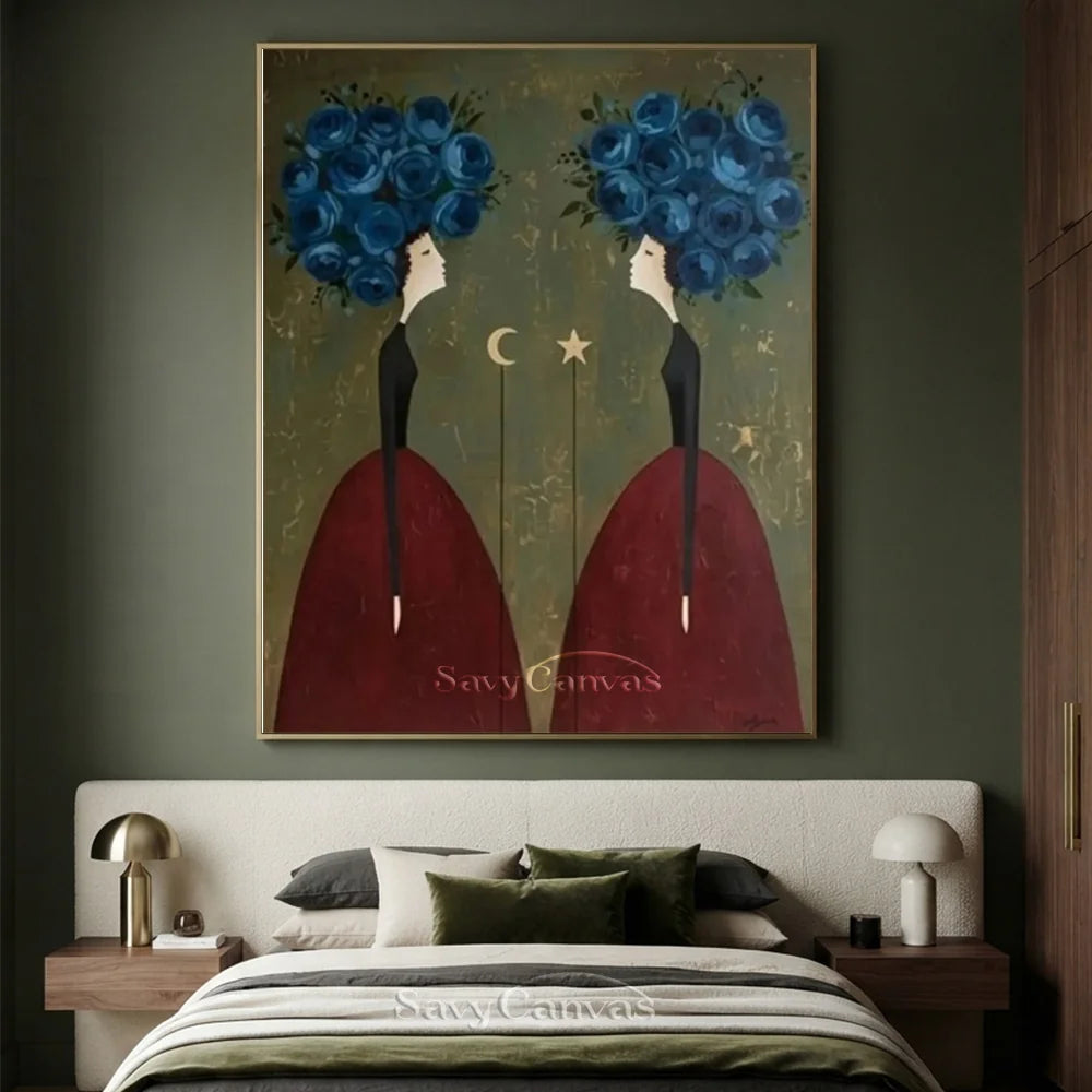 Blue Floral and Burgundy Abstract Figures Art #SS 293