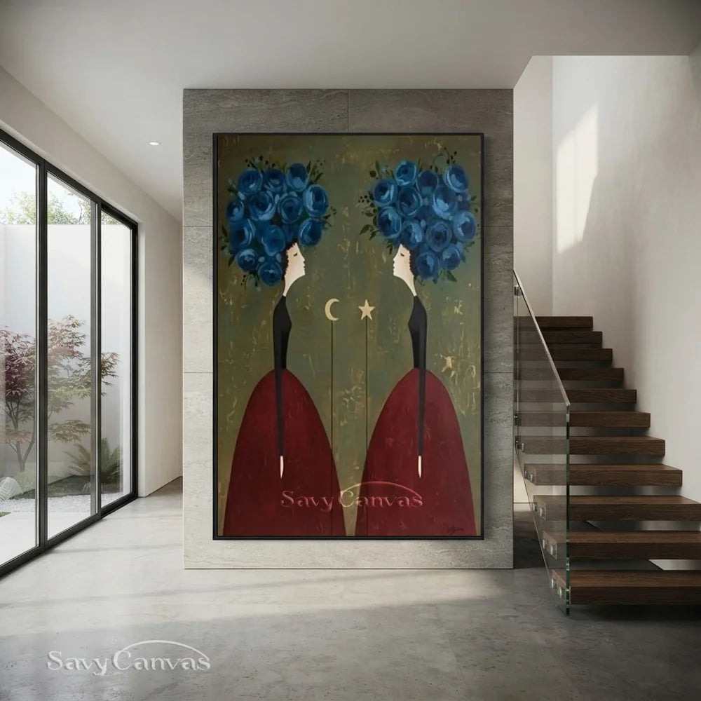 Blue Floral and Burgundy Abstract Figures Art #SS 293