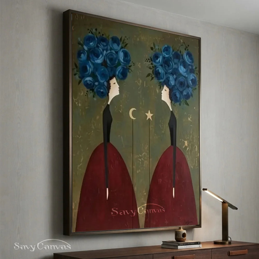 Blue Floral and Burgundy Abstract Figures Art #SS 293
