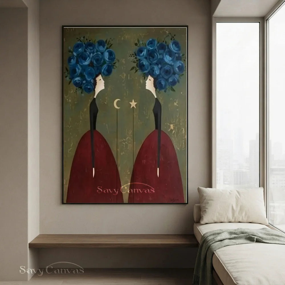 Blue Floral and Burgundy Abstract Figures Art #SS 293