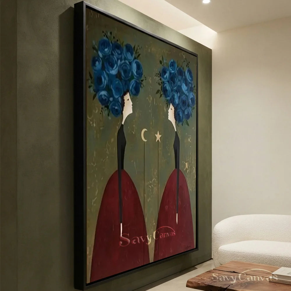 Blue Floral and Burgundy Abstract Figures Art #SS 293
