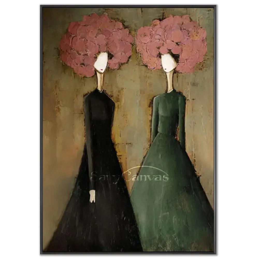 Hand-painted abstract expressionist oil painting featuring two chic ladies with pink floral cloud heads in black and green gowns against a textured background by Savy Canvas.