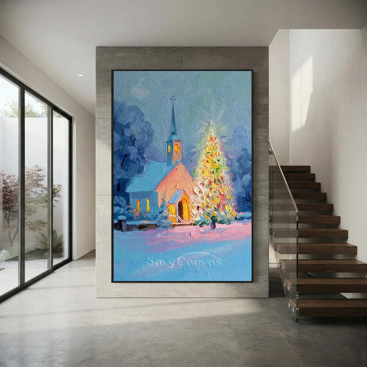 Christmas-Church-Oil-Painting-for-modern-staircase-decor-04.webp