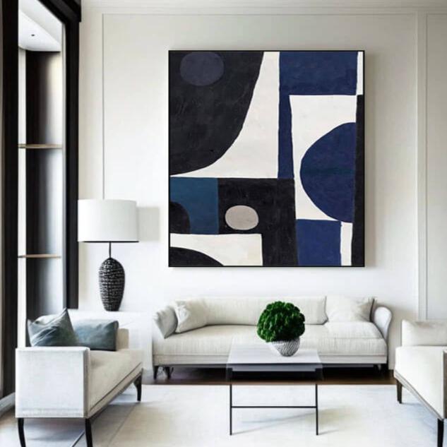 Large Geometric Abstract Art | Minimalist Blue, Black & White Painting