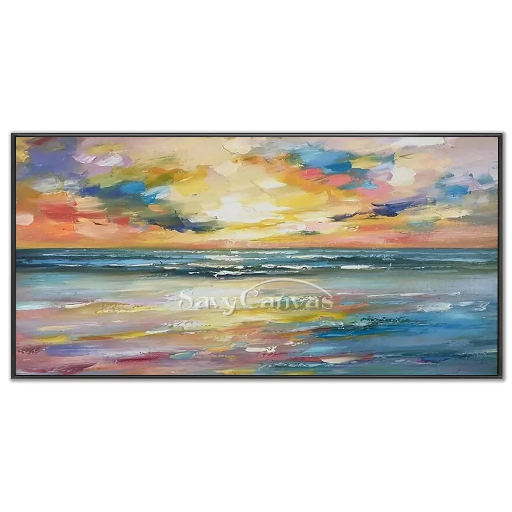 Colorful Sunset Seascape Art - Textured Ocean Oil Painting #JJ 192