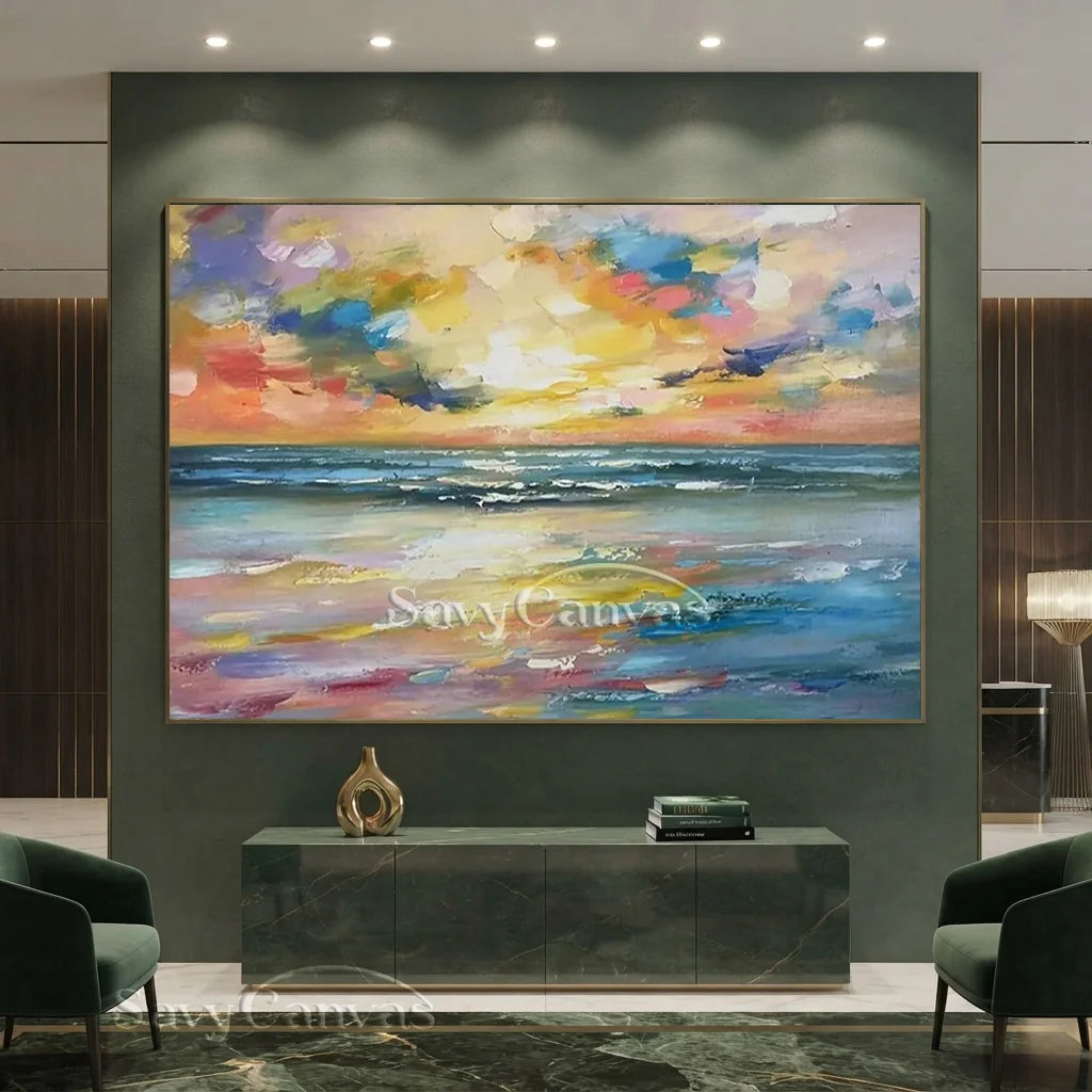 Colorful Sunset Seascape Art - Textured Ocean Oil Painting #JJ 192
