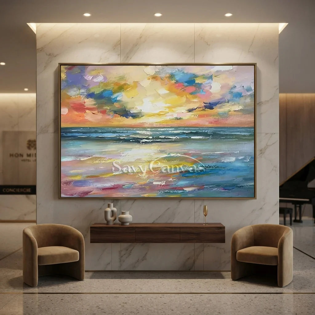 Colorful Sunset Seascape Art - Textured Ocean Oil Painting #JJ 192