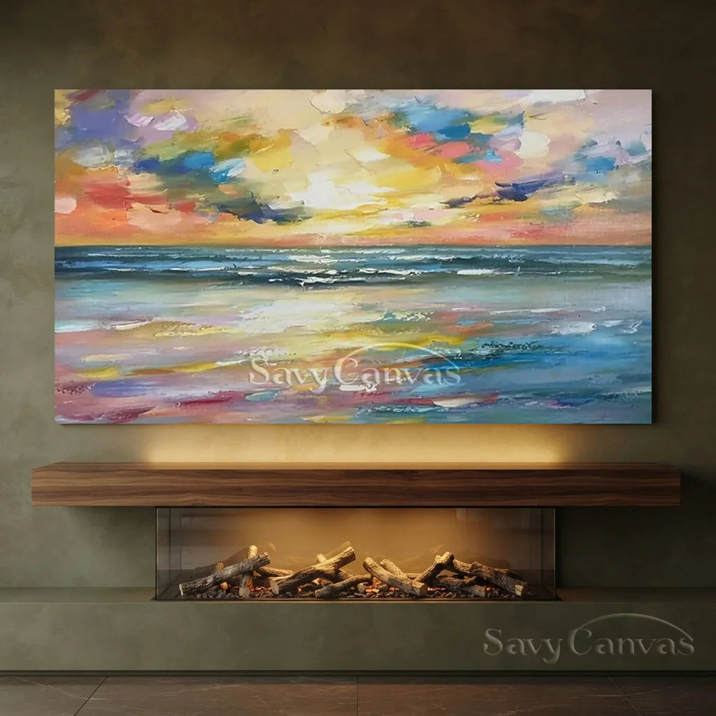 Colorful Sunset Seascape Art - Textured Ocean Oil Painting #JJ 192