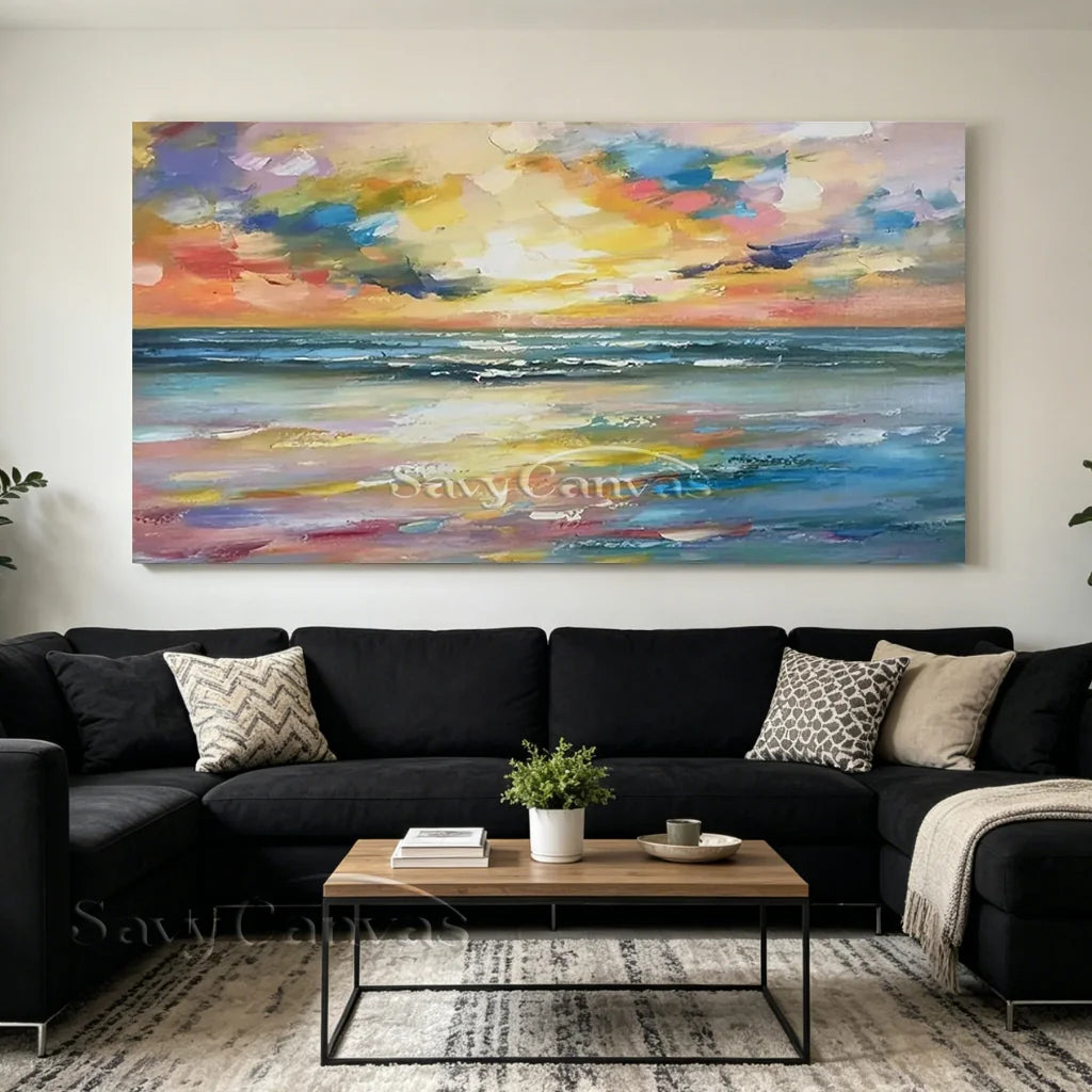 Colorful Sunset Seascape Art - Textured Ocean Oil Painting #JJ 192
