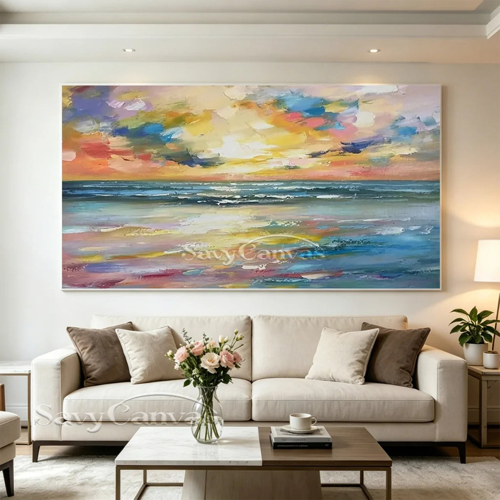 Colorful Sunset Seascape Art - Textured Ocean Oil Painting #JJ 192