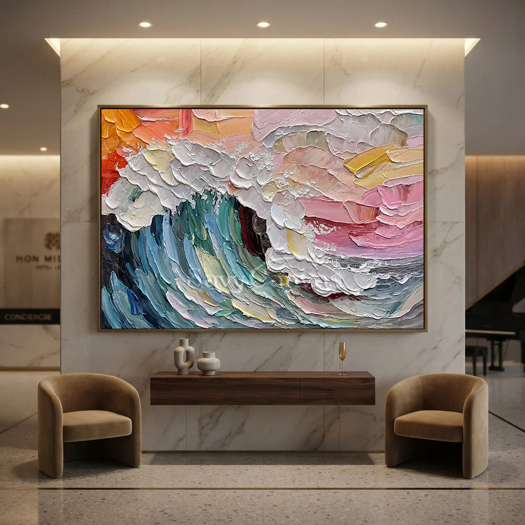 Colorful Sunset Wave Painting | Large Textured Ocean Art #AA 129