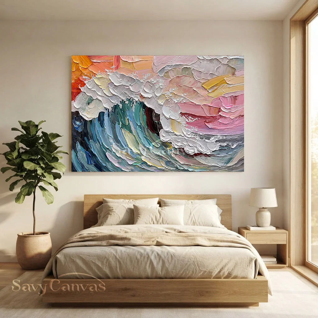 Colorful Sunset Wave Painting | Large Textured Ocean Art #AA 129