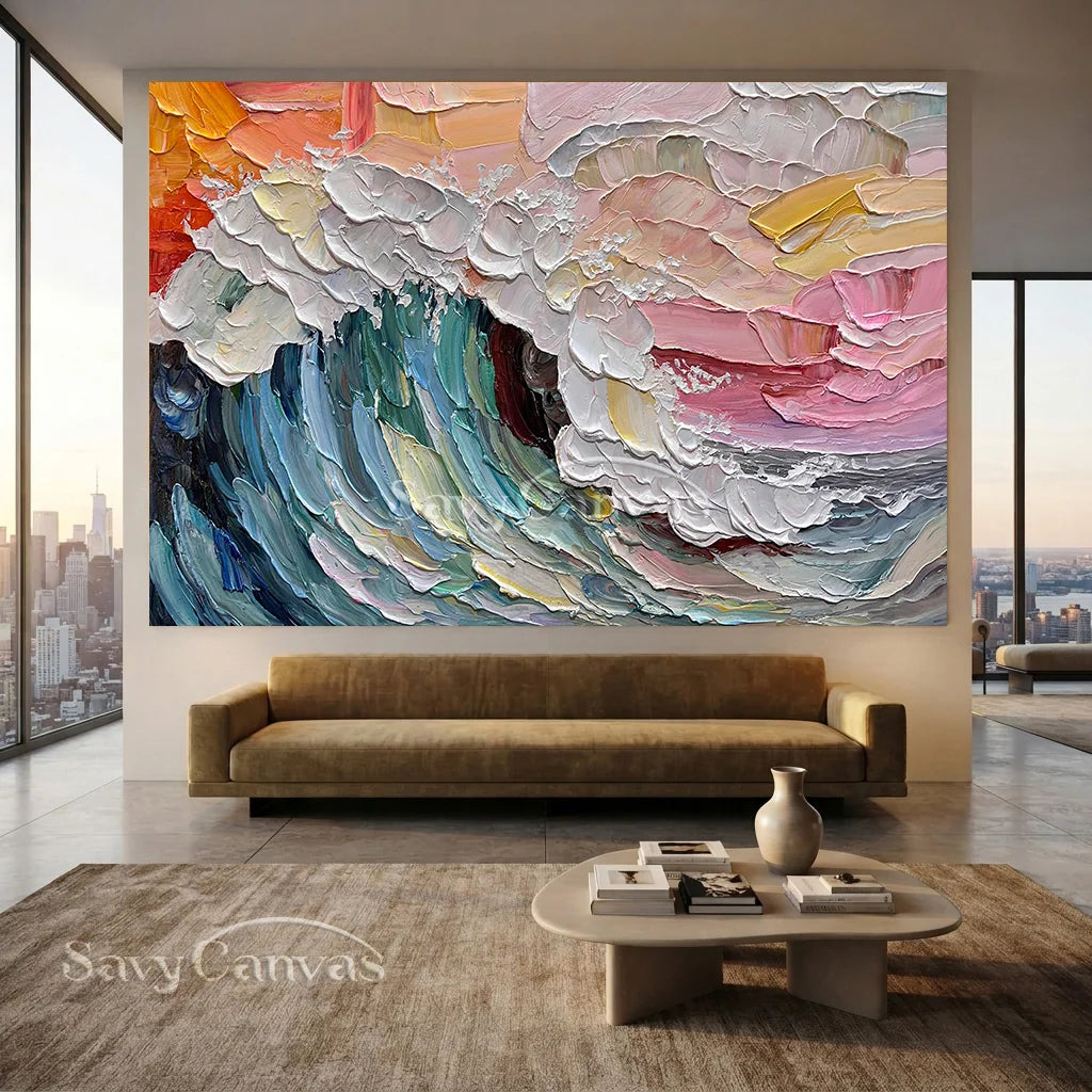 Colorful Sunset Wave Painting | Large Textured Ocean Art #AA 129