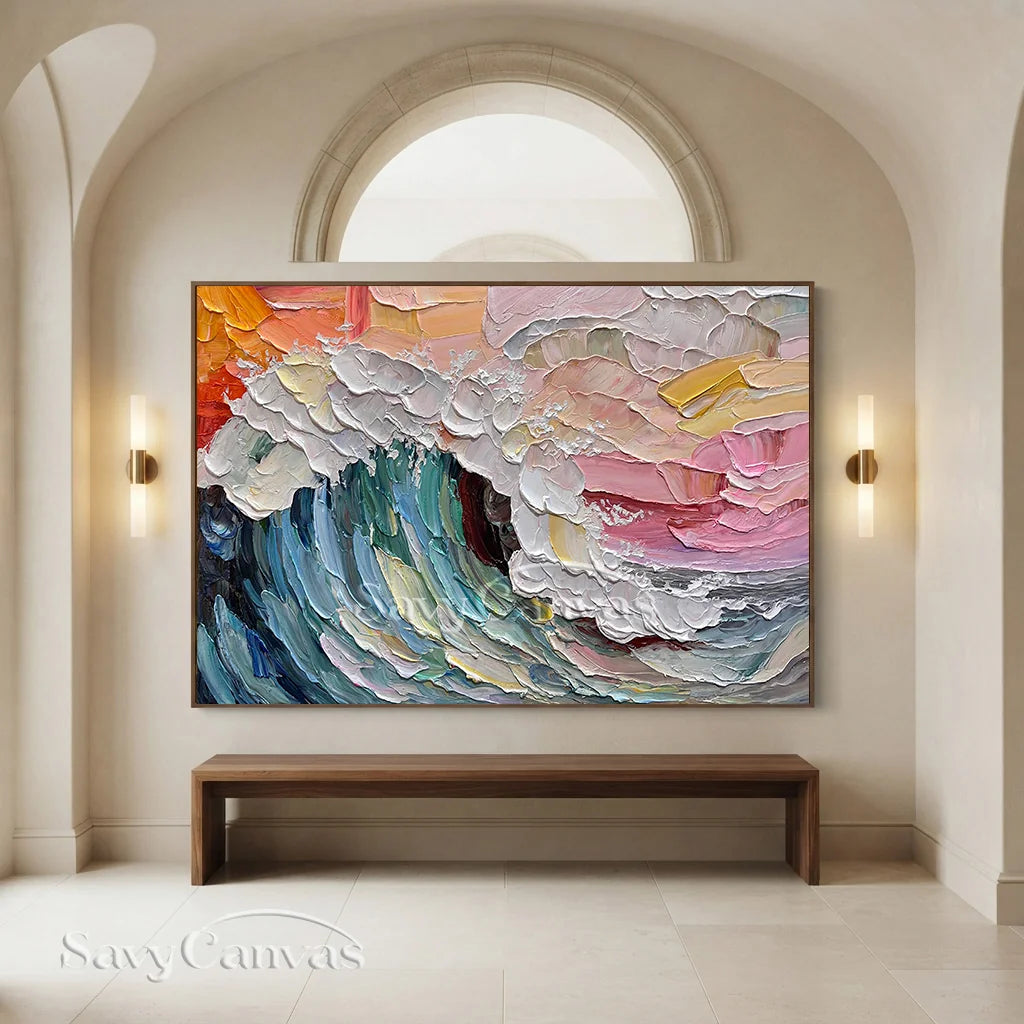 Colorful Sunset Wave Painting | Large Textured Ocean Art #AA 129