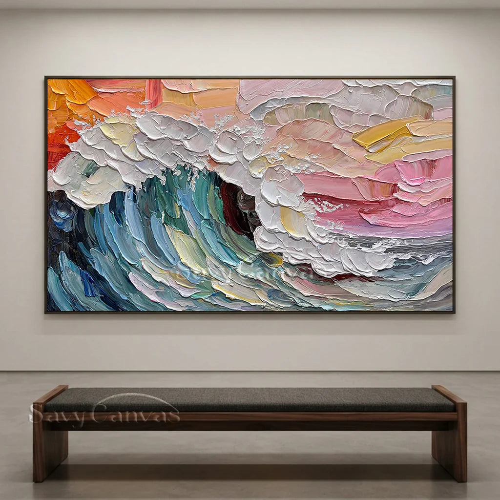 Colorful Sunset Wave Painting | Large Textured Ocean Art #AA 129