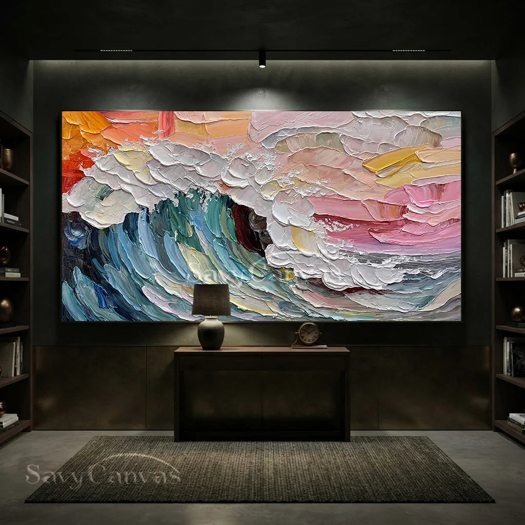 Colorful Sunset Wave Painting | Large Textured Ocean Art #AA 129