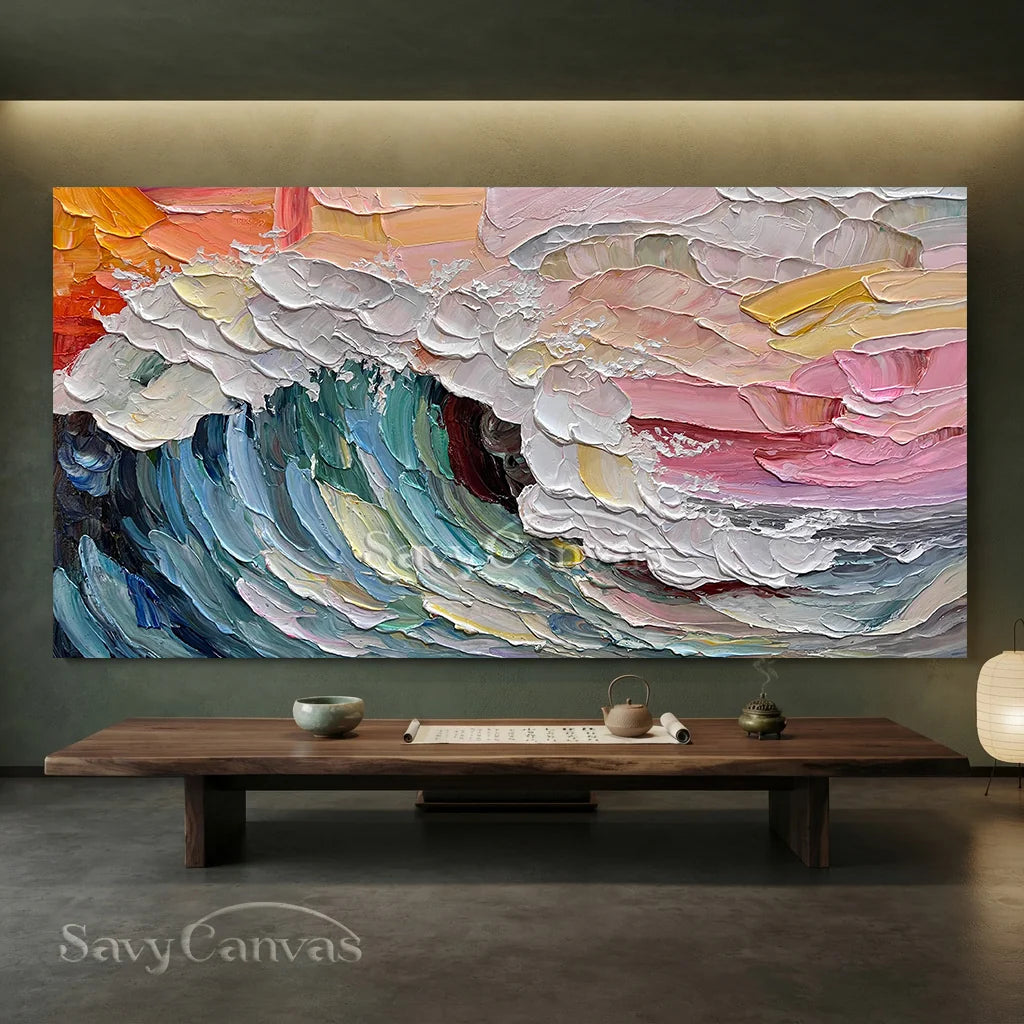 Colorful Sunset Wave Painting | Large Textured Ocean Art #AA 129