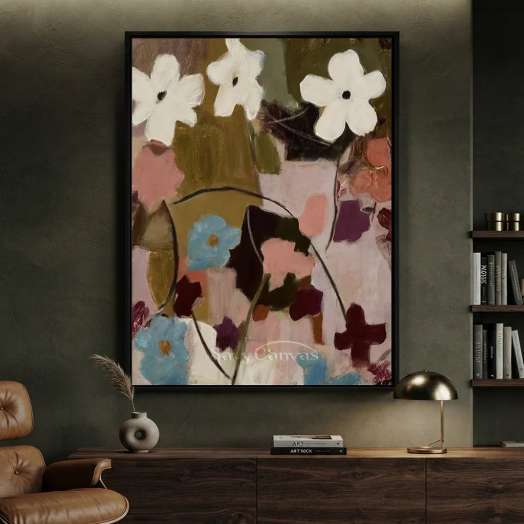 Hand-painted abstract floral oil painting with white flowers, pastel pink, and blue tones for modern interior wall decor