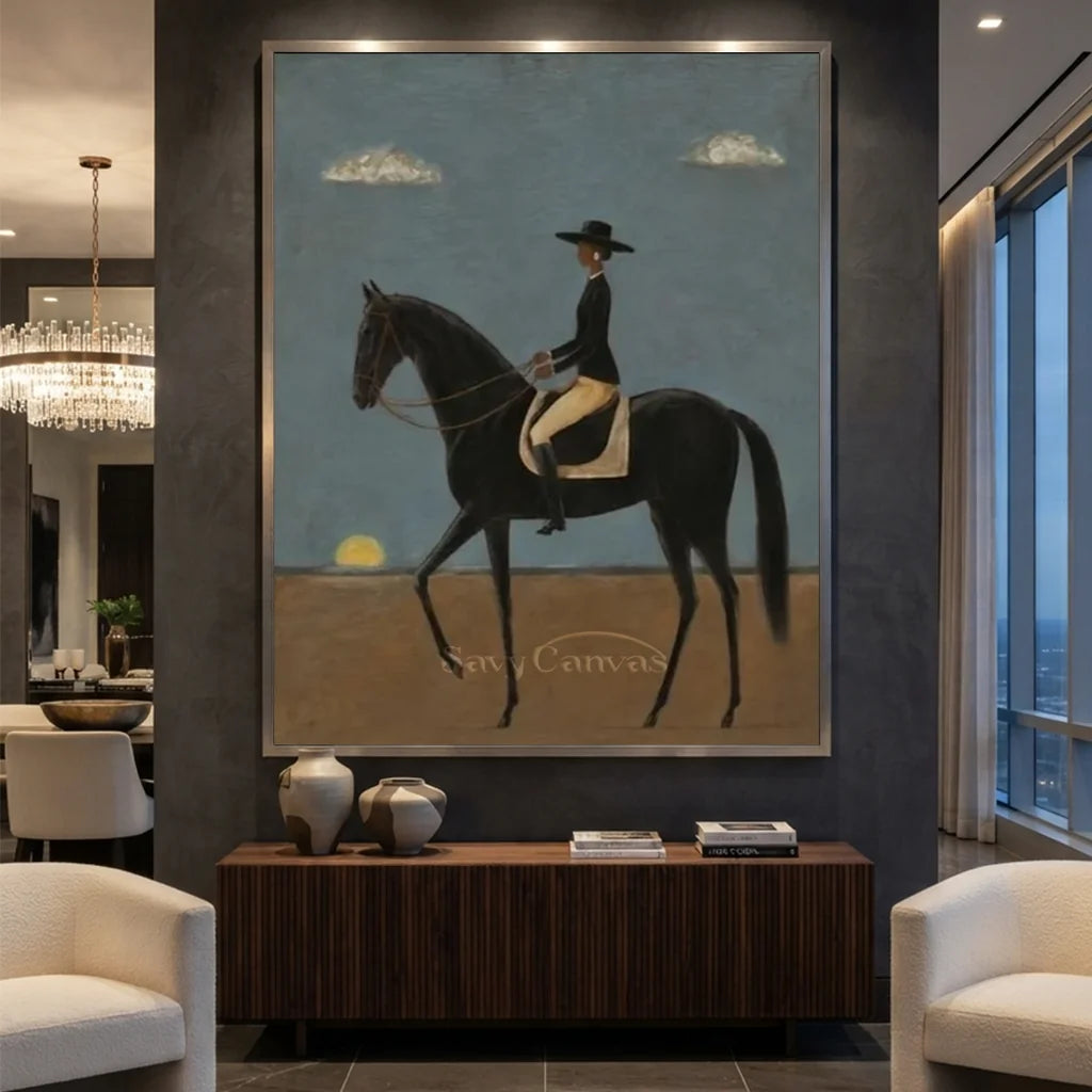 Handcrafted contemporary equestrian oil painting featuring a rider on a black horse against serene blue and brown tones hanging in a modern living room