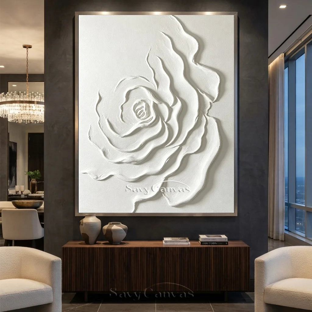 Contemporary White Rose Painting - Textured Floral Artwork #TC 175