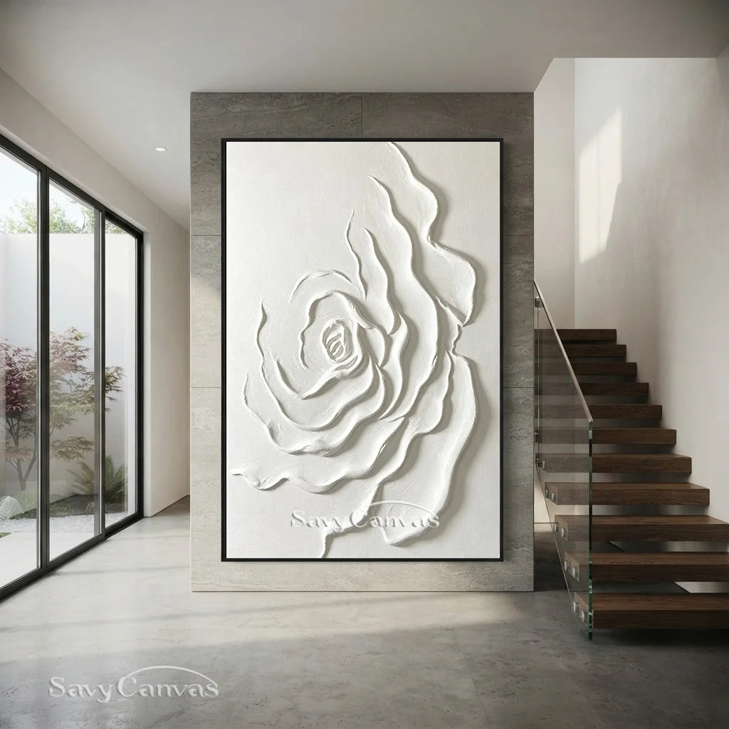 Contemporary White Rose Painting - Textured Floral Artwork #TC 175