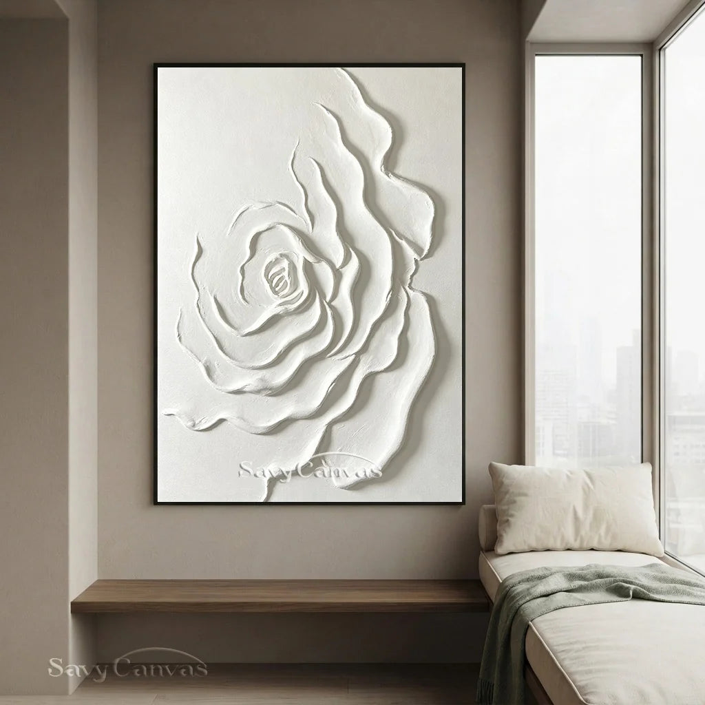 Contemporary White Rose Painting - Textured Floral Artwork #TC 175