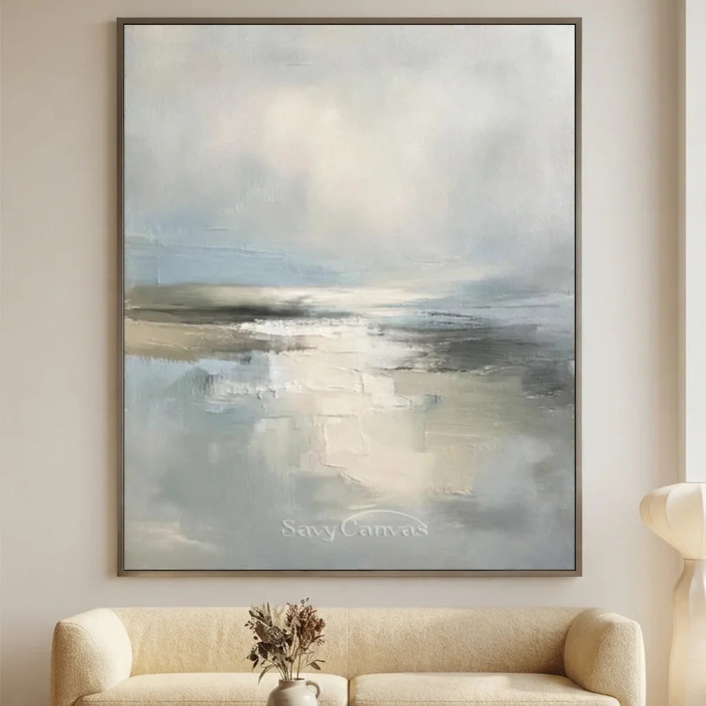 Hand-painted serene coastal abstract oil painting with soft sky blue, mist grey, and layered impasto textures for modern wall decor